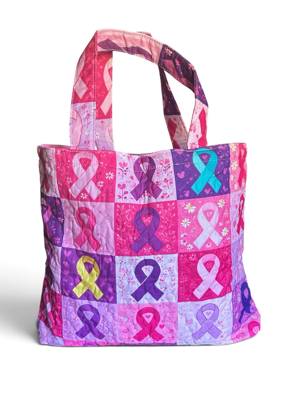 Quilted Tote Bag Breast Cancer Awareness Multi Color Ribbon & Patchwork Design